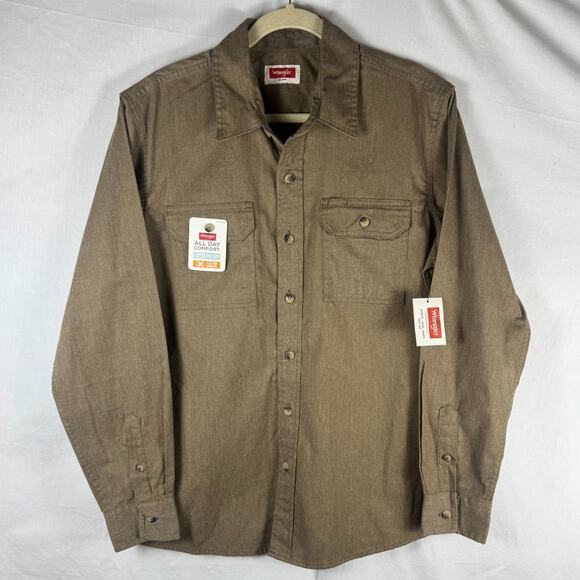 NWT Wrangler Epic Soft Flex Woven Button Shirt Men’s M Medium Tan Long Sleeve - Picture 1 of 3